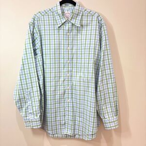 Brooks Brothers Green Blue Plaid Cotton Button Down Shirt Mens L Non-Iron Preppy